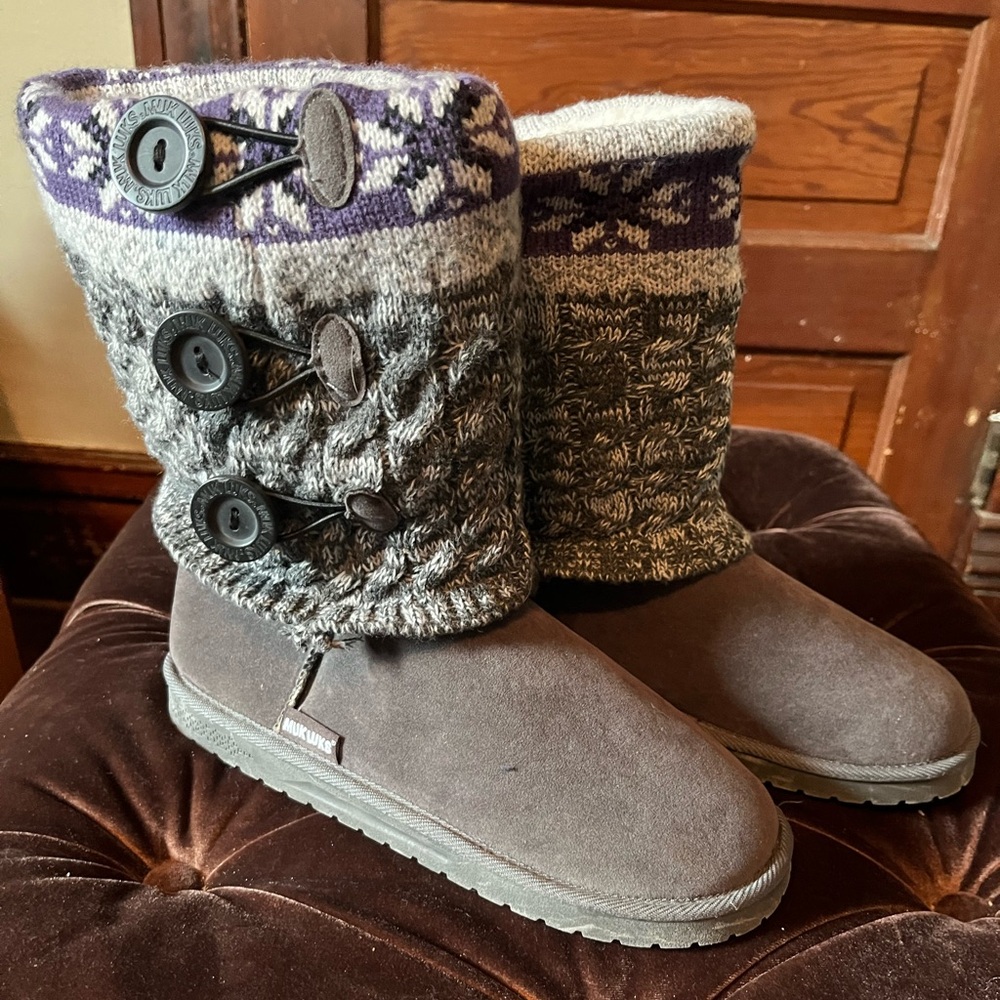 Mukluks Cable Knit Sweater Boots Gray/Purple Size 9